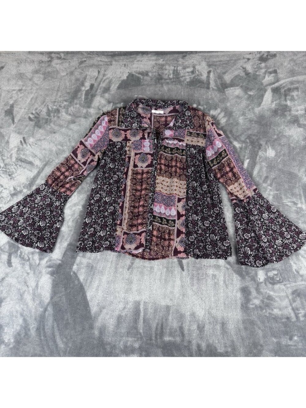 Maurices Womens Boho Bell Sleeve Peasant Top Sz M Patchwork Button Up Shirt